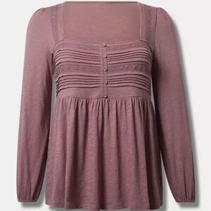Torrid 3 3X 22/24 Mauve Long Sleeve Slub Knit Lace Babydoll Tunic Top Blouse